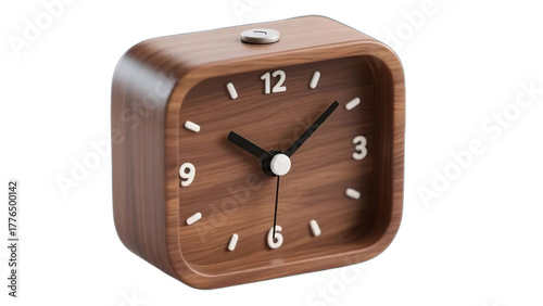 Isolated vintage wooden wall clock with black dial and hour and minute hands showing the time