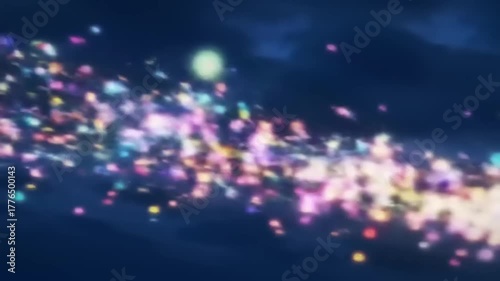 Colorful light trail across dark sky.