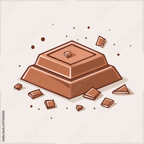 Pixel Art Chocolate Bar Crumbling into Small Pieces on a Light Beige Background with Scattered Fragments and Dots