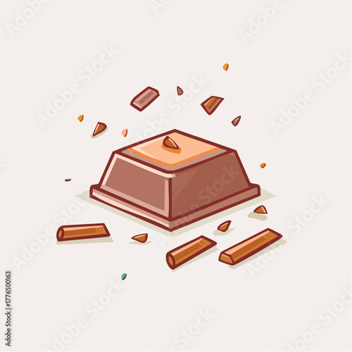 A square piece of milk chocolate breaking apart with small crumbs scattered around on a light neutral background with soft lighting