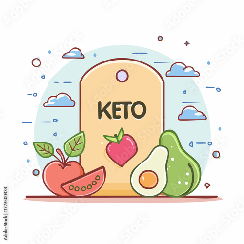 Keto diet label with fresh tomato avocado and beetroot illustration for healthy eating and weight loss concept