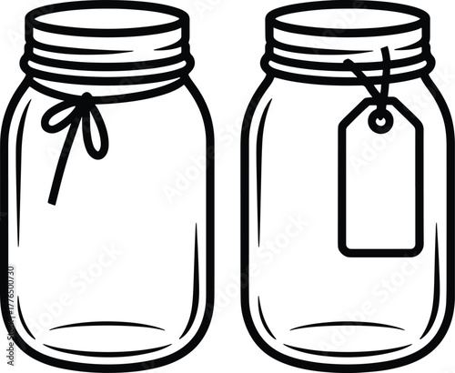 Two mason jars outline illustration with ribbon and tag graphic