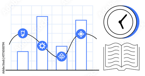 Bar chart with seasonal icons, curved trend line, clock, and open book. Ideal for time-based planning, data trends, research, education, analysis forecasting simple flat metaphor