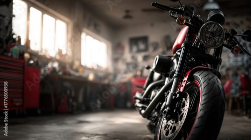 motorcycle repair with copy space. motobike service center with soft-focus and over light in the background. wallpepper for motorcycle lovers. mens love. old garage interior red and black banner.