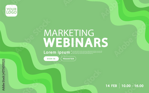 A green landing page template for marketing webinars. This abstract design features organic wavy shapes and a monochromatic green gradient with registration buttons.