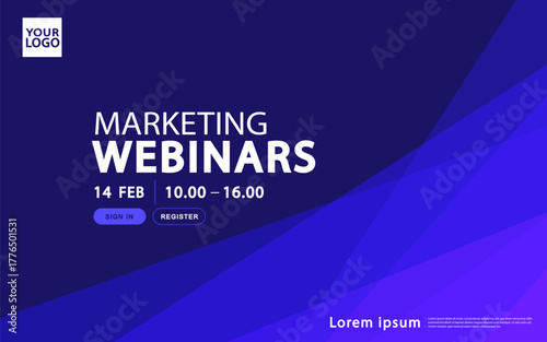 A landing page template for a marketing webinar or business conference. This modern abstract design features overlapping diagonal shapes on a dark blue and purple gradient.