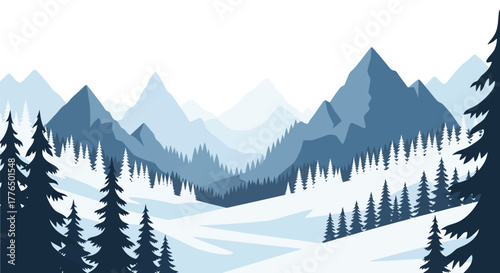 Serene winter landscape featuring snow covered mountains and evergreen trees