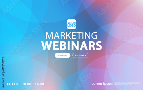 A bright abstract banner for a marketing webinar landing page. This design uses overlapping transparent circles in a blue and pink gradient, with sign-in and register buttons.