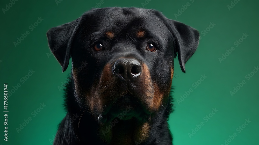 Obraz premium Close up portrait of a rottweiler dog with a green background looking directly at the camera in studio shot