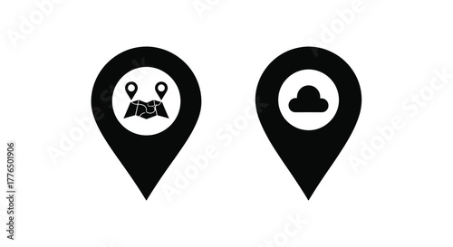 Two black map pin icons showing location and cloud symbols