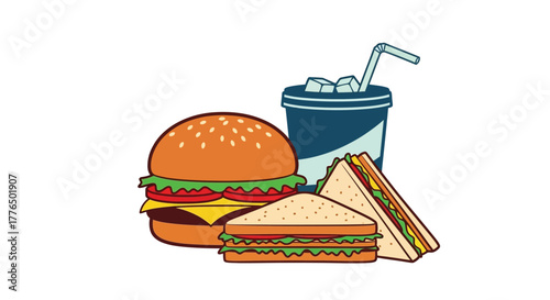 A colorful cartoon illustration depicts a burger soda and sandwich meal