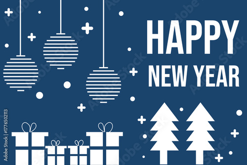 Modern and minimalist Happy New Year greeting card in blue and white color scheme.Features clean geometric Christmas trees,gift boxes,and hanging ornaments with a festive winter atmosphere.