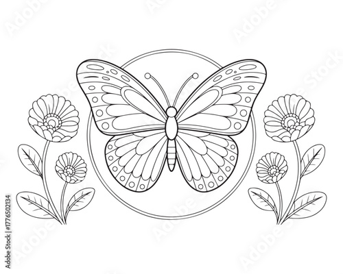 Butterfly and Flowers Coloring Page