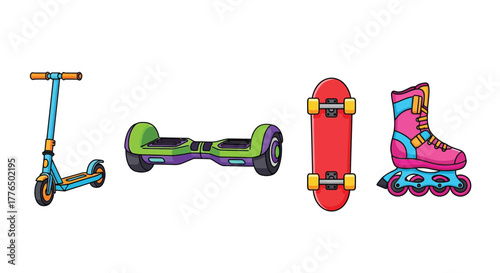 Colorful illustrations of various wheeled recreational equipment for outdoor fun