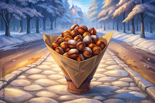 Freshly roasted chestnuts served in rustic paper cone placed directly on snowy sidewalk, representing classic winter street snack aroma and warmth