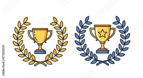 Two golden trophies adorned with laurel wreaths symbols of victory