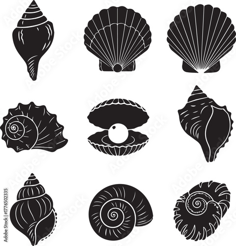 Black Silhouette Seashells and Pearl in Oyster conch