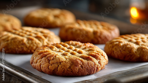 Peanut butter cookies on a baking tray, fresh and golden brown.