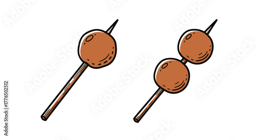 Illustration of two brown olives on wooden skewers simple drawing style
