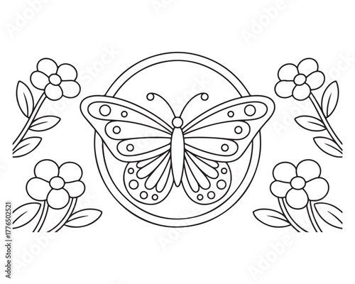 Butterfly and Flowers Coloring Page