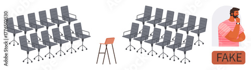 Orange chair stands out among identical gray chairs, man thinking, fake label. Ideal for concepts thumbs up uniqueness, originality, critical thinking, individuality, authenticity, contrast