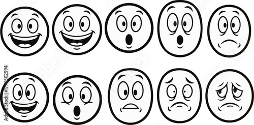 Set of cartoon smiley faces with different emotions Keywords: smiley face, emoticon, emotion