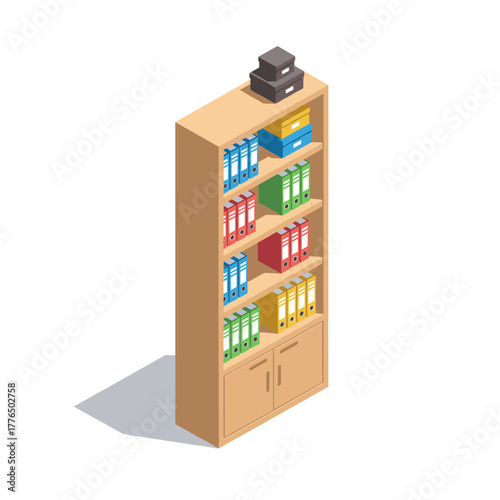 Isometric office bookshelf with colorful binders and files on white background