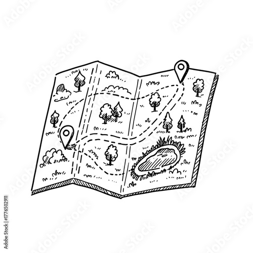 Hand drawn travel map with landmarks and location pins in doodle sketch style