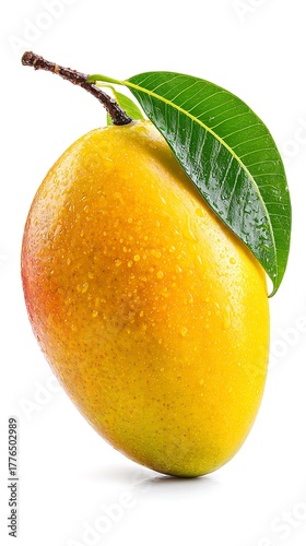 Fresh yellow mango with leaf and stem covered in water droplets on white