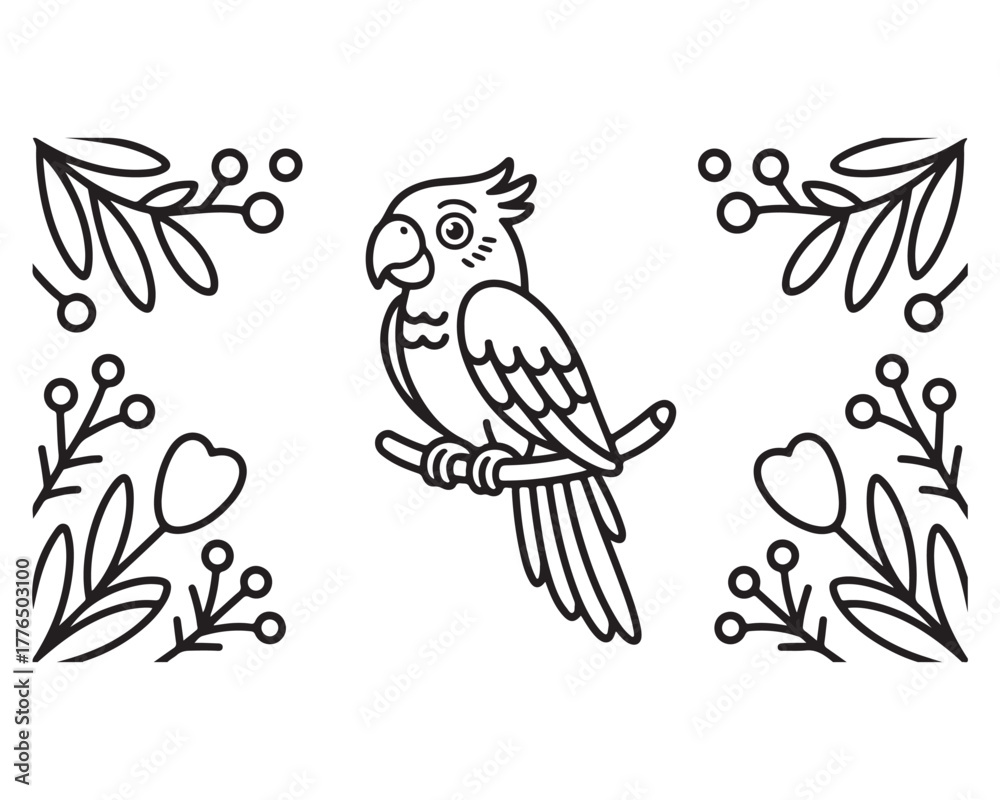 Fototapeta premium Cute Parrot Perched Amidst Floral Border