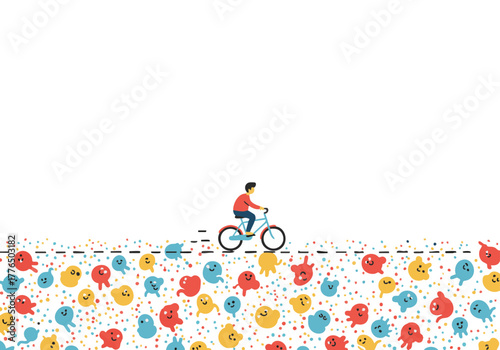 Whimsical character pedals bicycle through a vibrant field of cartoonish creatures and confetti