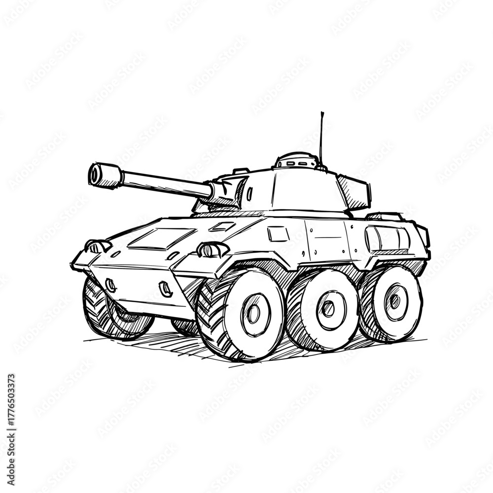 Obraz premium Handdrawn military vehicle sketch with six wheels and cannon
