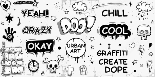 Collection of hand drawn graffiti style elements and phrases with urban art and cool vibes