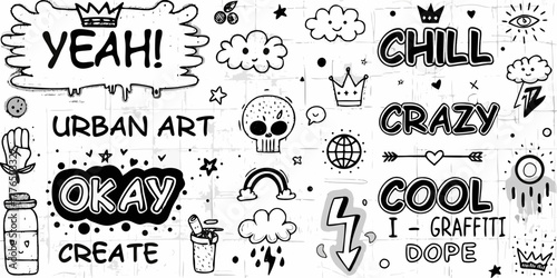 Urban art doodle collection with words like yeah chill crazy cool and okay on a textured background