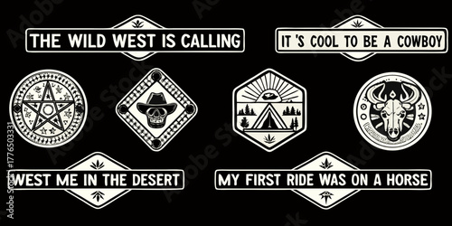 Collection of wild west themed graphic patches and stickers with cowboy skull bull camping and desert motifs