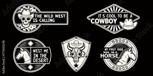 Collection of six vintage style western themed badges and emblems with cowboy hats skulls horses and bulls