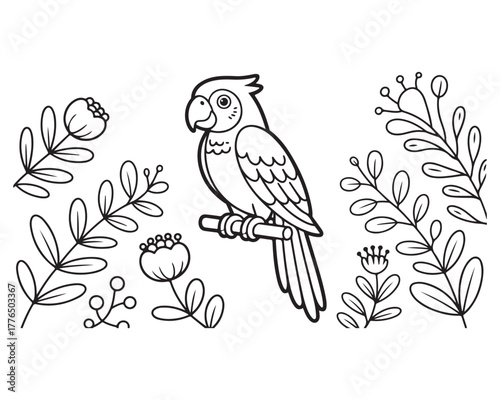Cute Parrot Perched Among Flowers - Coloring Page