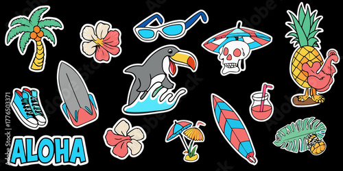 Fun summer vacation beach party elements collection with tropical vibes and aloha spirit