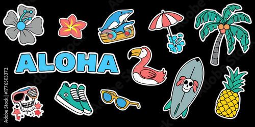 Aloha beach vacation stickers with tropical elements like palm trees pineapple flamingo and surfboard
