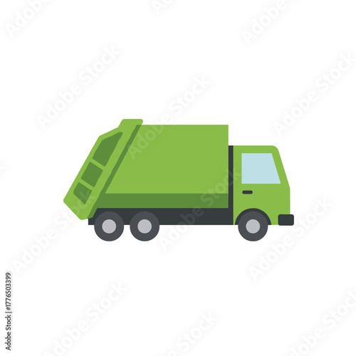 Green garbage truck side view on white background for recycling and waste management