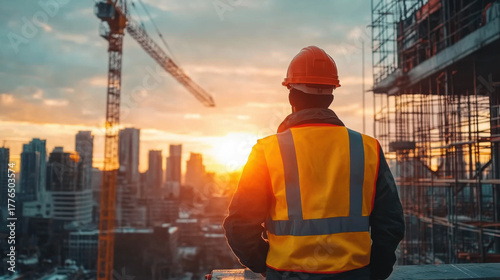 Construction worker in safety vest observing a building site at sunrise
