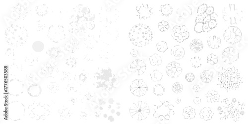 Collection of hand drawn top view tree symbols and architectural elements for landscape design plans