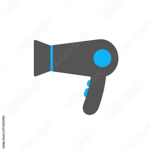 Minimalist hair dryer icon in flat design with blue accents on white background