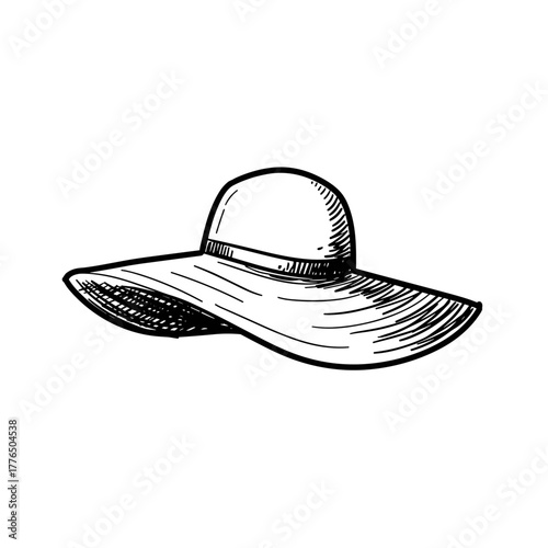 Hand drawn wide brim summer hat sketch in black and white