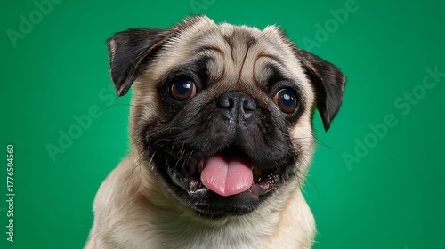 Close up of a fawn pug with its tongue out against a bright green background in a studio setting