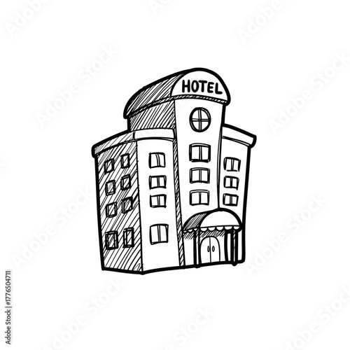 Hand drawn sketched hotel building with architectural details on white background