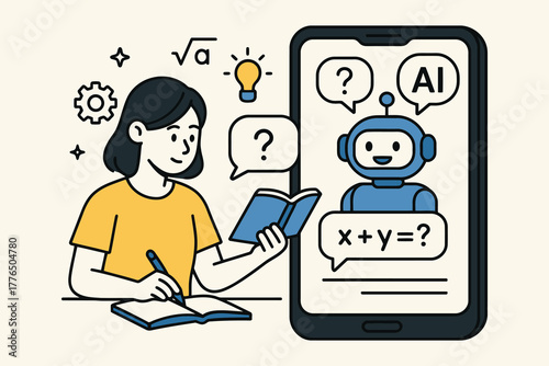Young student learning with artificial intelligence assistant on smartphone app