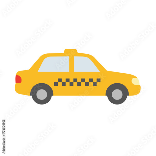 Flat yellow taxi cab icon with checkered detail on white background
