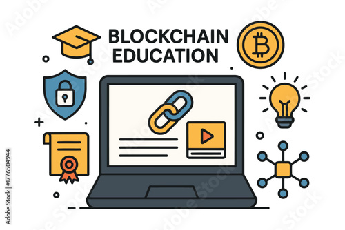 Blockchain education concept with laptop graduation cap and security icons