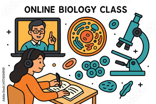 Student learning biology online with teacher and scientific illustrations on screen